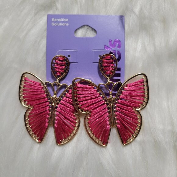 Claire's Pink Thread Butterfly  Earrings - Picture 1 of 4